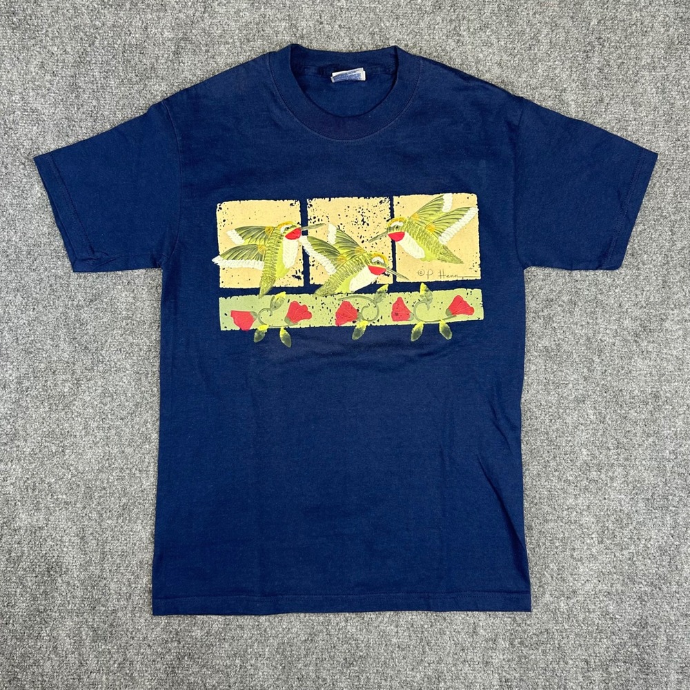 Hanes Beefy-T Hummingbird Graphic T-Shirt Navy Blue P. Henn Art Mens Small